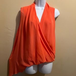 Women’s asymmetrical top, chiffon type fabric overlay, drape front, sleeveless,